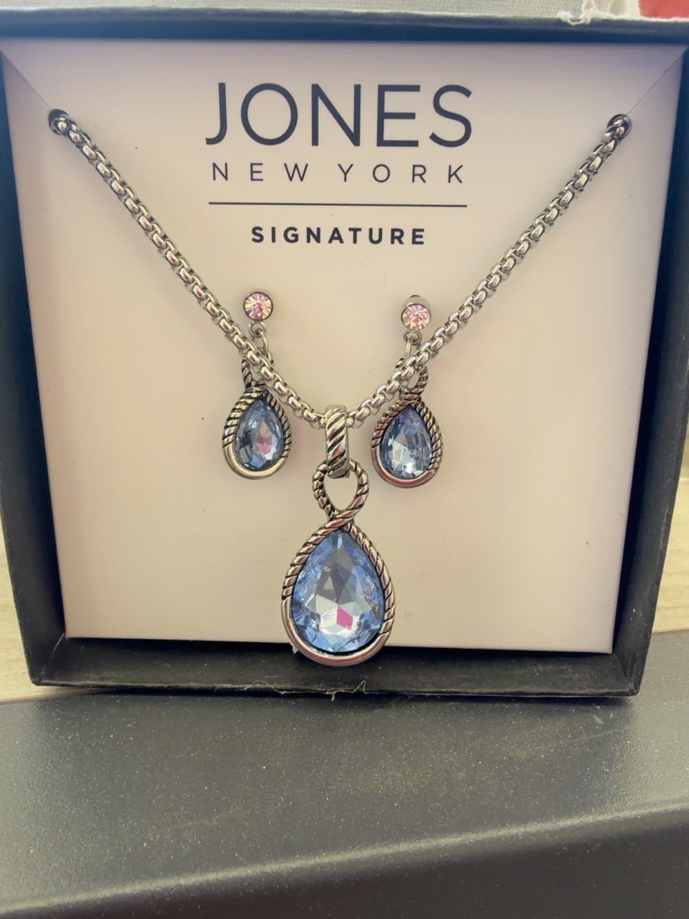 Jones New York Silver-Tone Necklace with Light Blue Teardrop Pendants